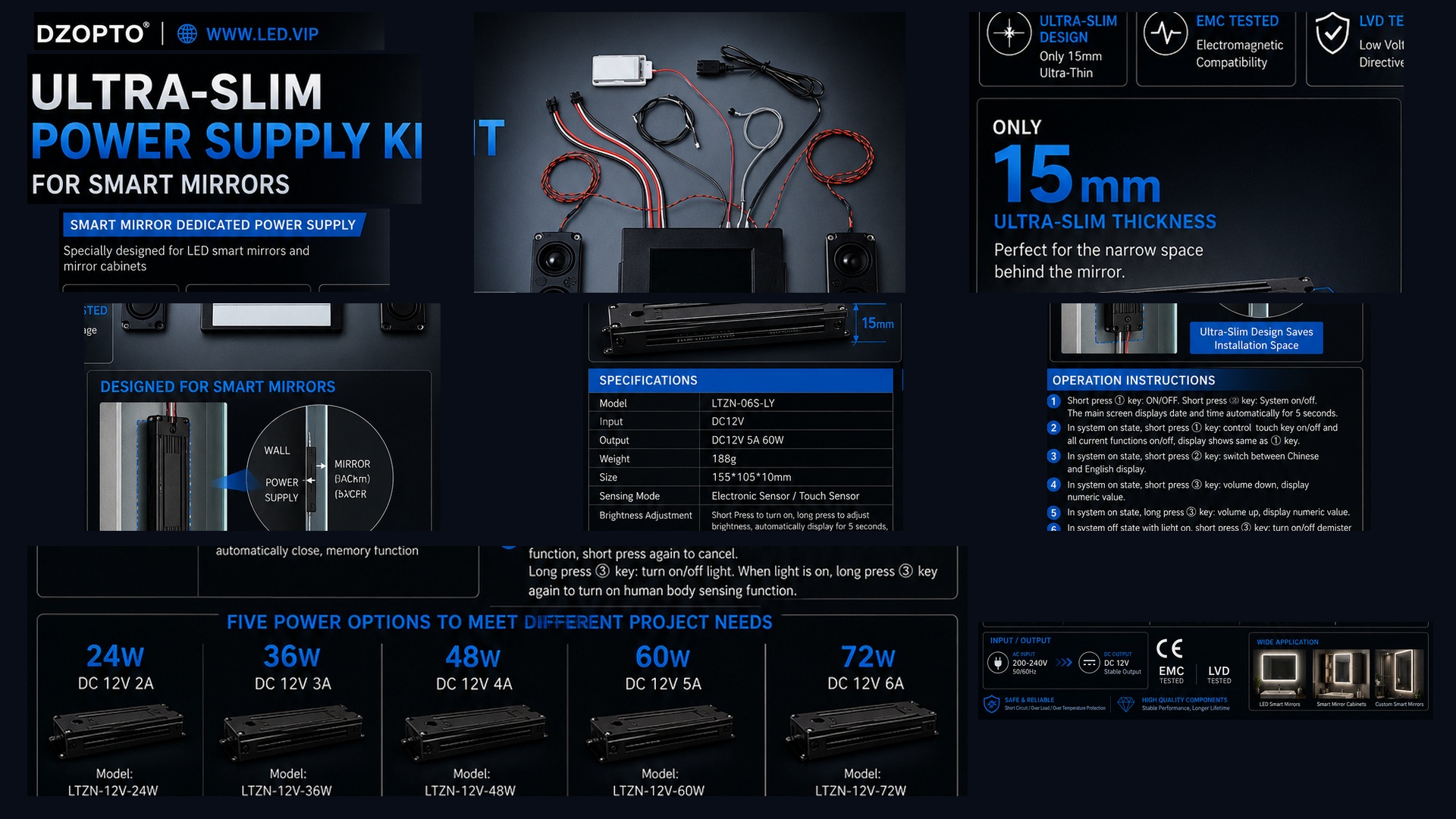 DZOPTO ultra-slim 15mm smart mirror power supply kit, 24W to 72W, CE EMC LVD tested.jpg